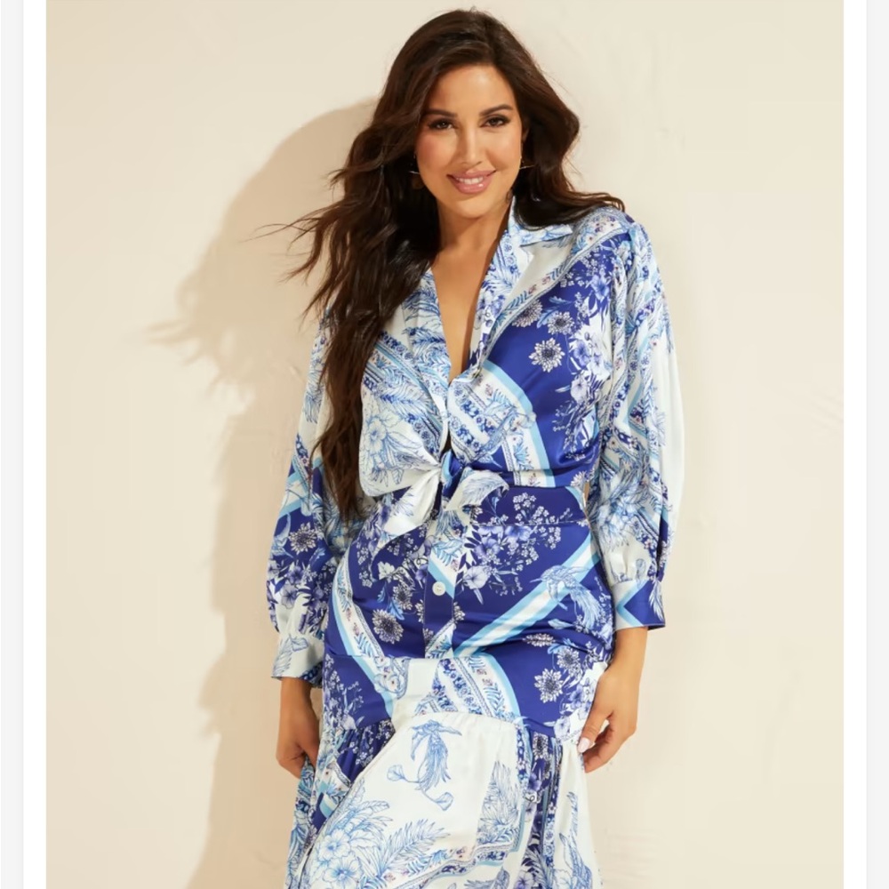 Marciano Floral Blue and White Tie Knot Blouse - Size L